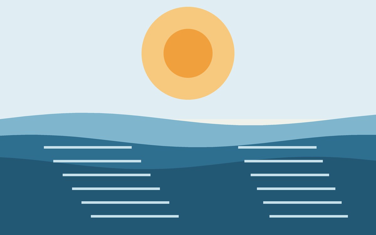 Illustration: the sun over calm water drawn in bands of blue