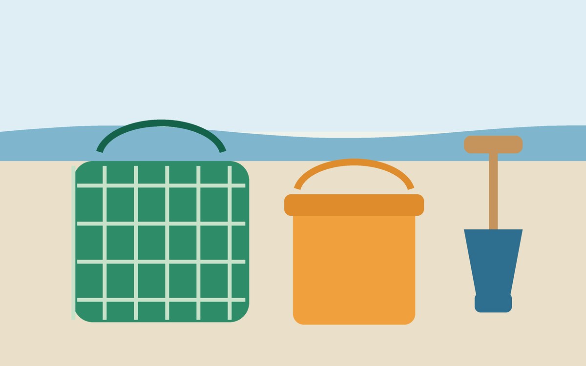 Illustration: a mesh bag, a bucket and a spade on the sand