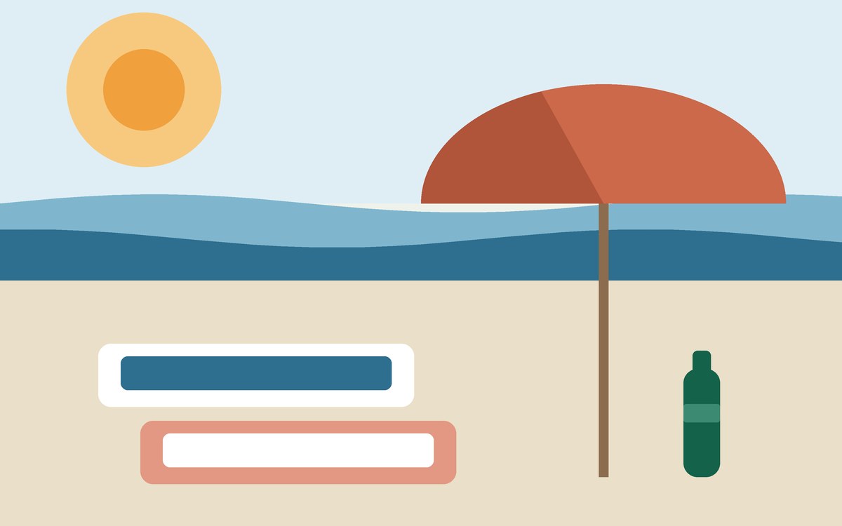 Illustration: a parasol, towels and a bottle on sand beside calm water