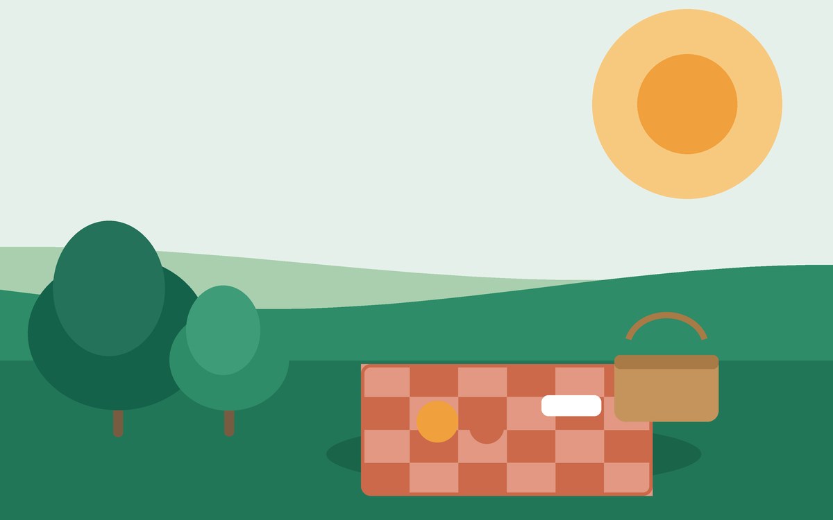 Illustration: a picnic blanket and basket on a park lawn under the sun