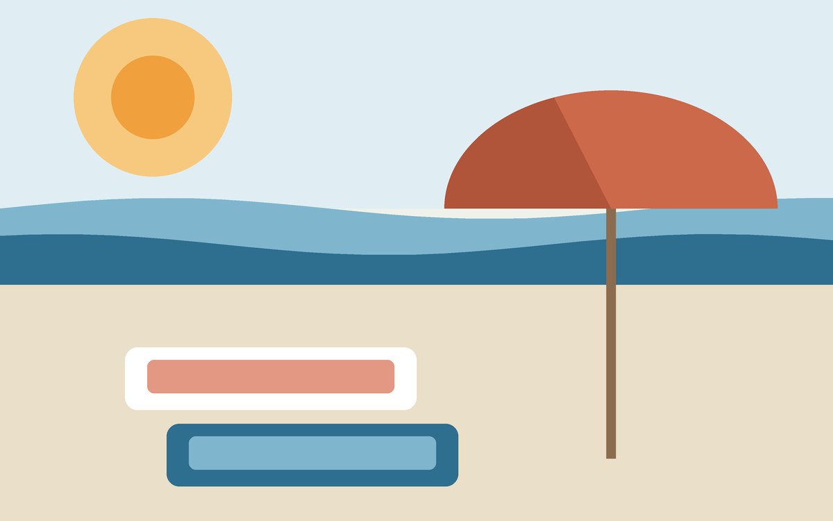 Illustration: a beach parasol and two towels beside calm water
