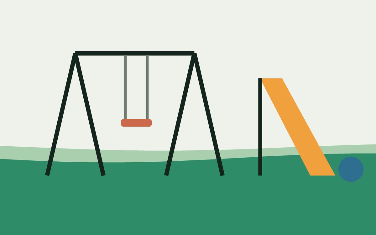 Illustration: a playground swing set and slide on a lawn