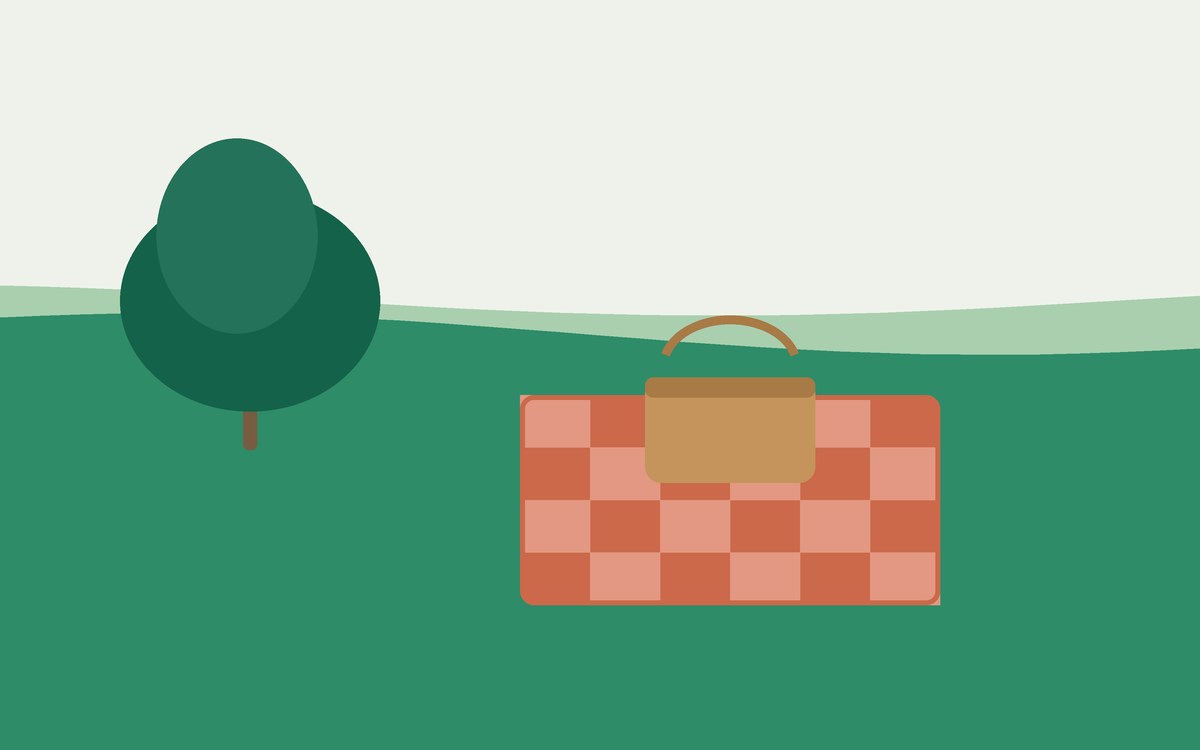 Illustration: a checked picnic blanket and a basket beside a tree