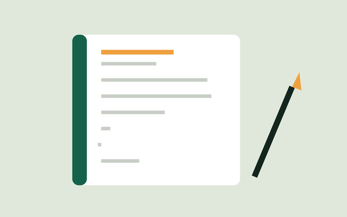 Illustration: an open notebook with a short day plan and a pencil