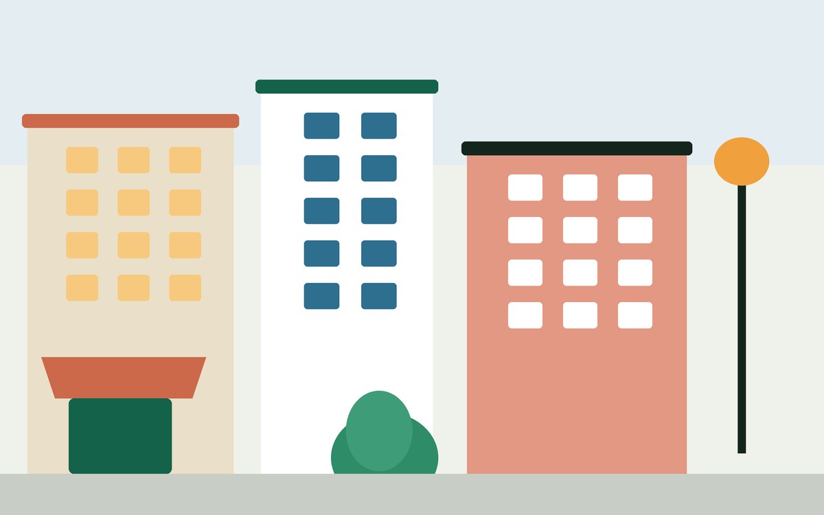 Illustration: a quiet side street with a shopfront and a lamp post