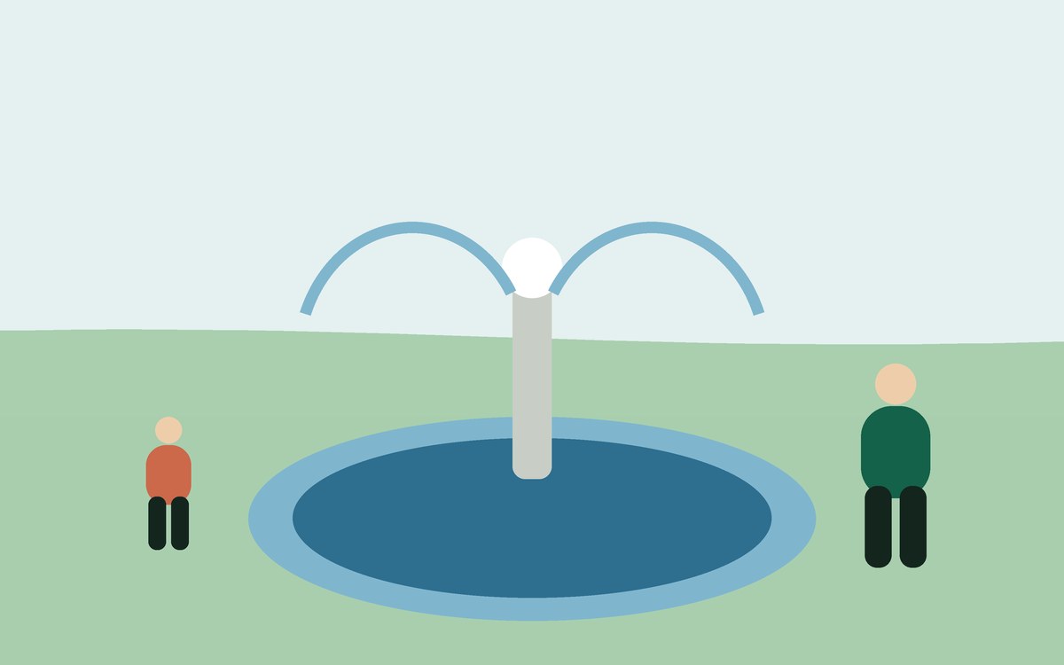 Illustration: a splash fountain in a park with two people nearby
