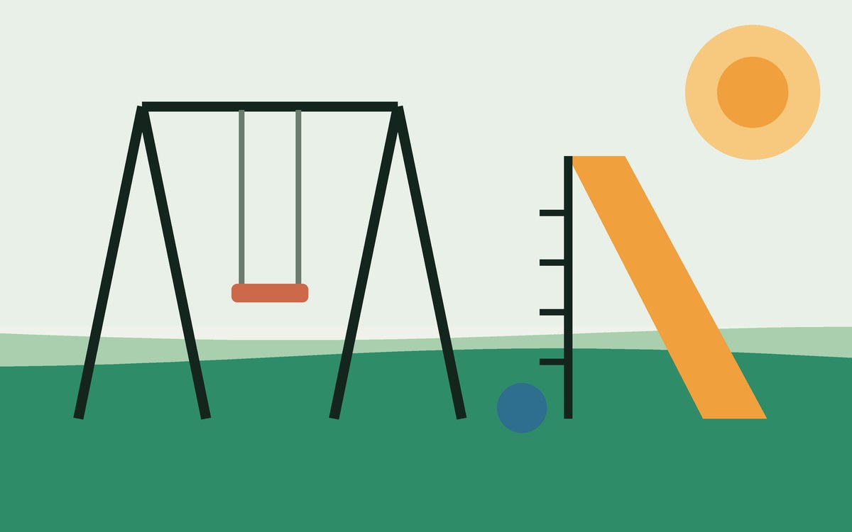 Illustration: a swing set, a slide and a ball in a park