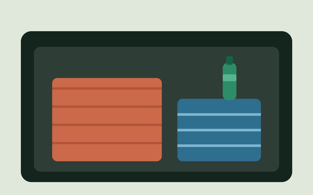 Illustration: an open car trunk with a crate and a folded blanket