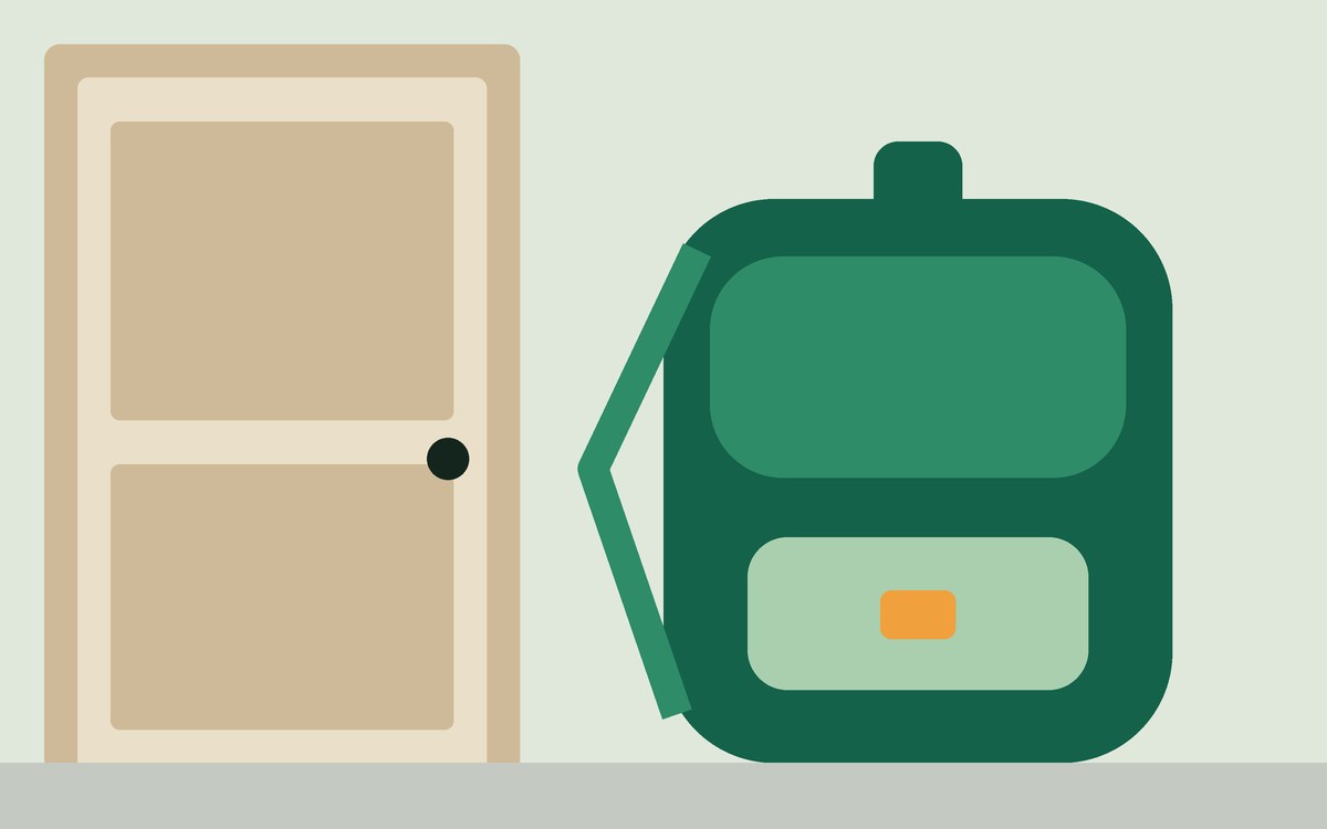 Illustration: a packed day backpack standing by a front door