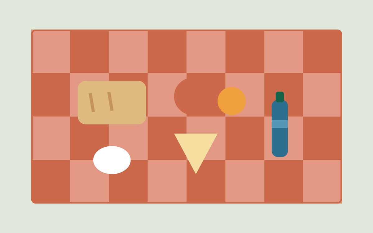 Illustration: picnic food laid out on a checked blanket, seen from above