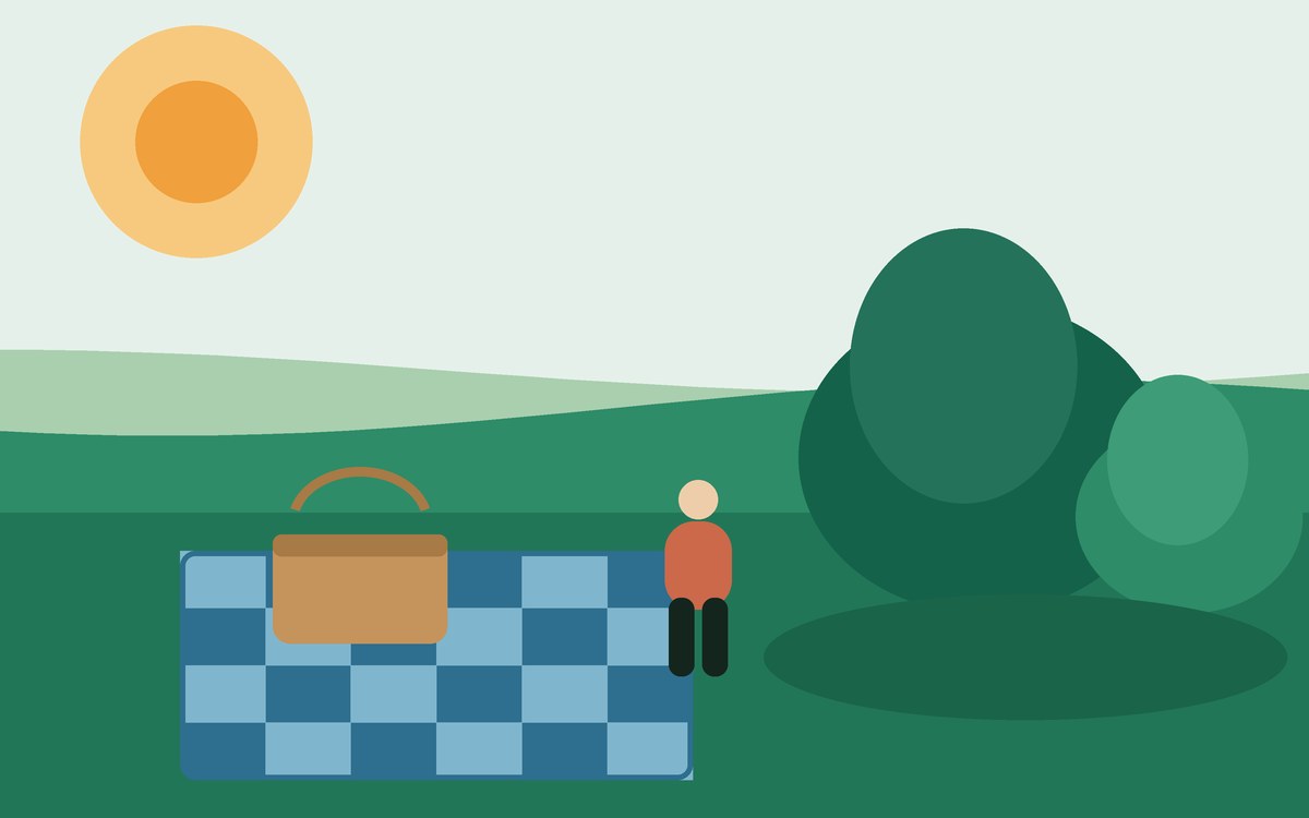 Illustration: a blanket and basket on a lawn with trees and shade