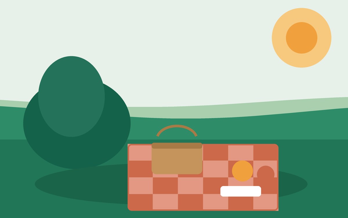 Illustration: a picnic blanket, a basket and fruit in the shade of a tree