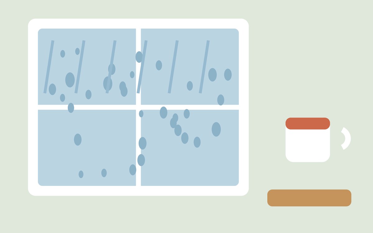 Illustration: rain on a window pane with a cup on the sill