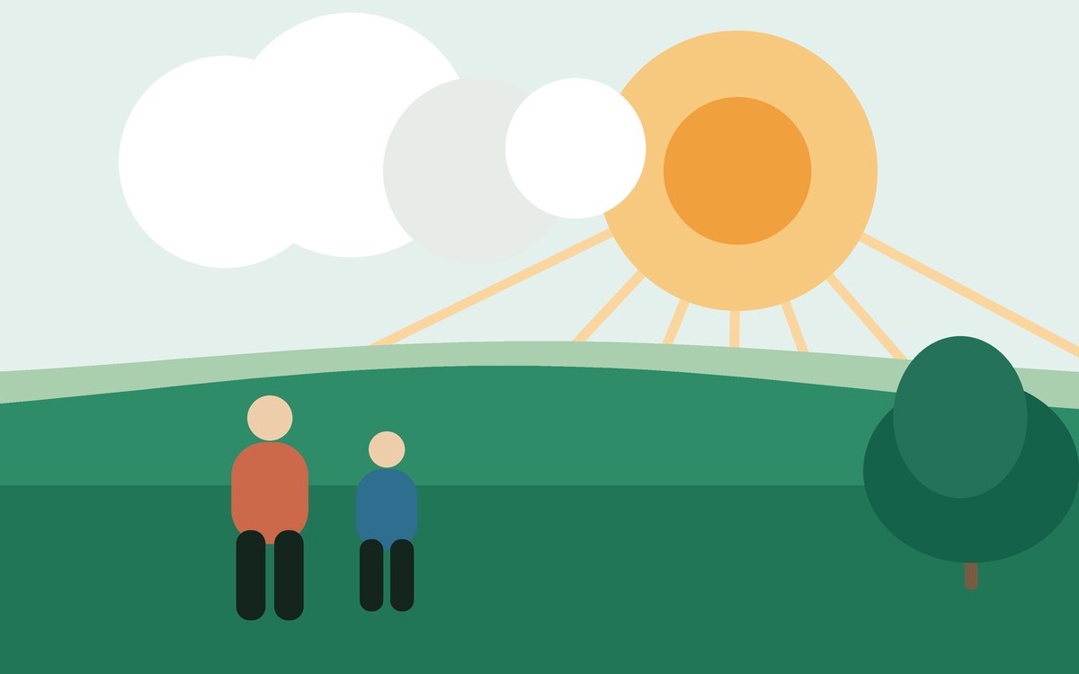 Illustration: sun breaking through clouds over green hills with two people