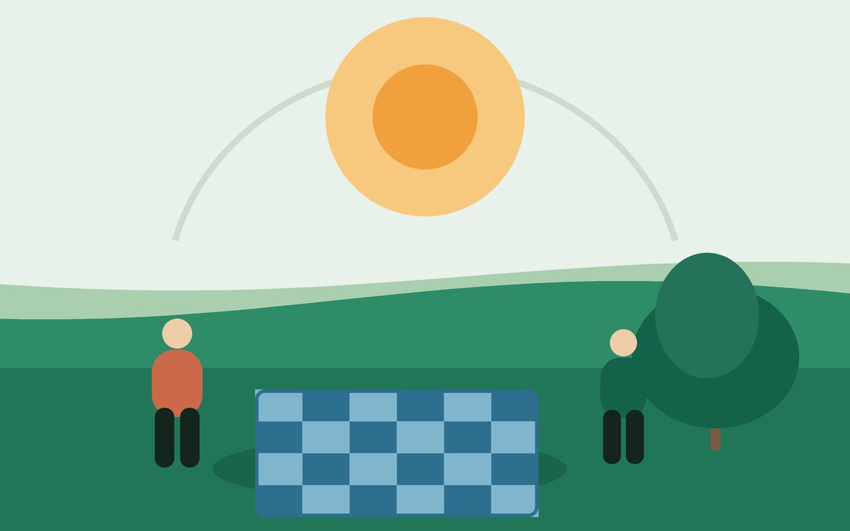 Illustration: the arc of the sun over a park with a blanket and two people