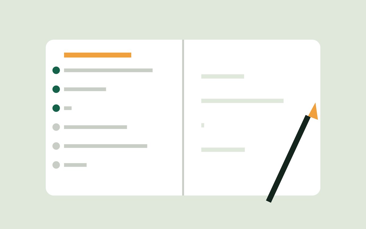 Illustration: an open notebook with a short checklist and a pencil